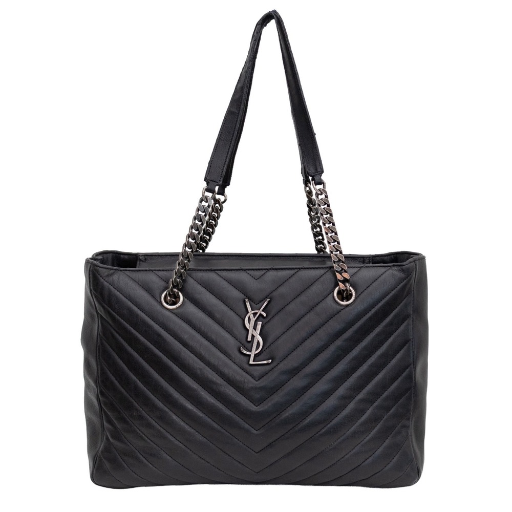 YVES SAINT LAURENT Black Chevron Quilted Leather Calfskin Chain Tote Bag Vintage